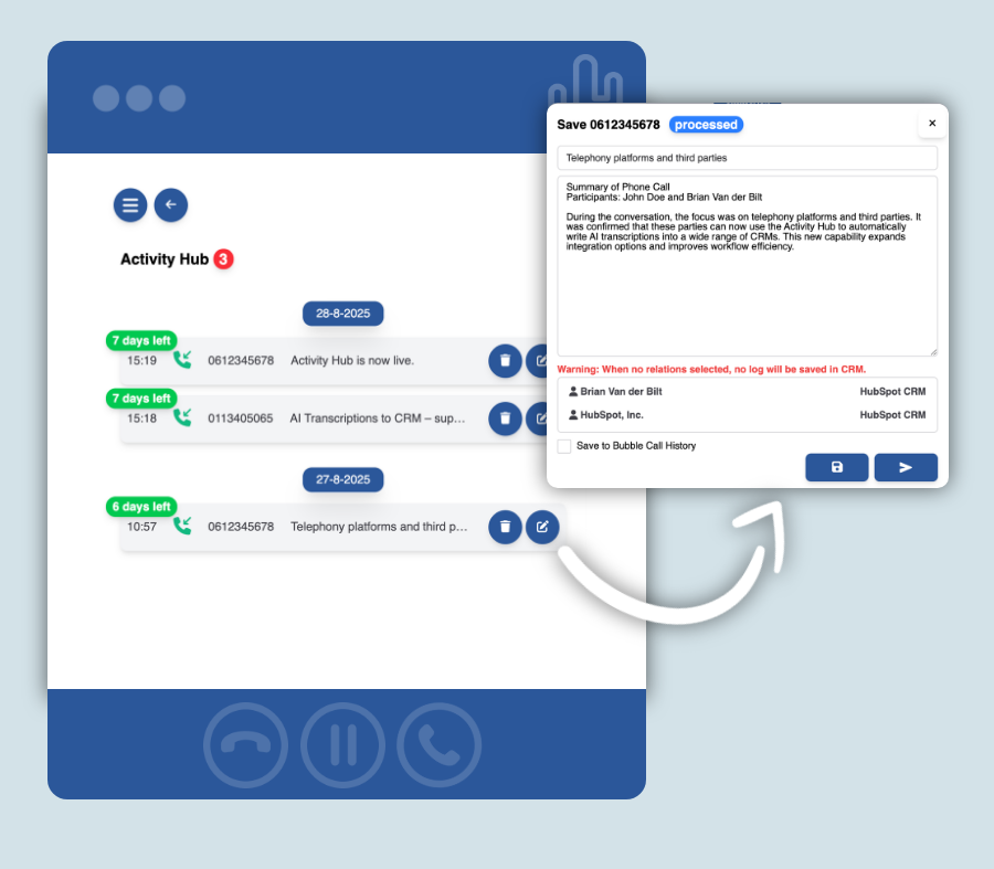 AI Call Transcript Bubble Embedded Phone