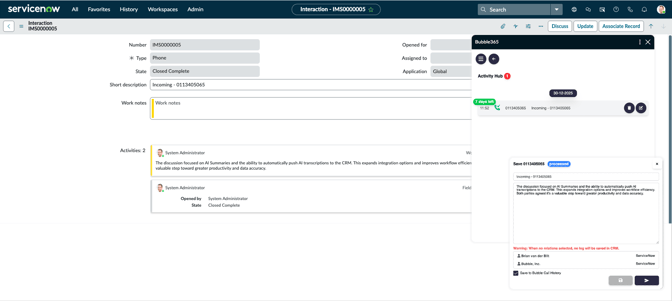 Call log ServiceNow full
