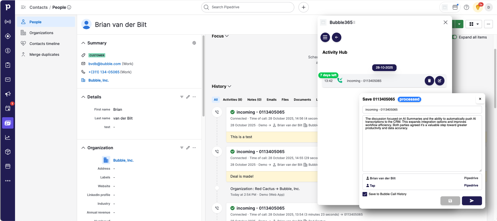 Call registration Pipedrive AI Acitvity Hub rounded